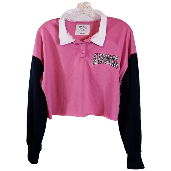 Rue 21 Women's Collared Pink Navy Blue Angel Long Sleeve Crop Top Polo Size Med - Picture 1 of 4